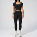 2PC Color Contrast Yoga Suit Women Short Sleeve Square Collar Slim Sports Top Fitness Suits Outdoor Exercise Leggings Tracksuit