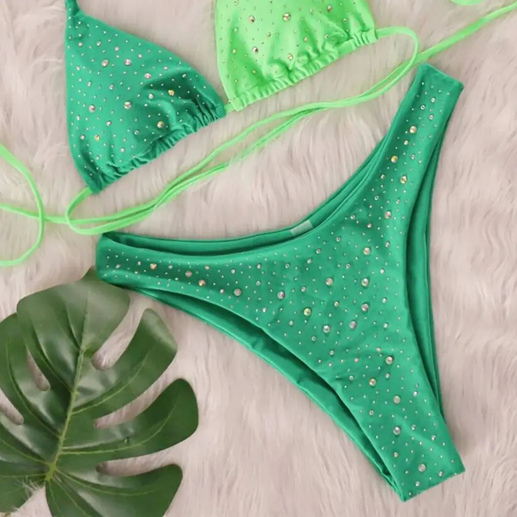 Splicing Halter Diamond Rhinestones Bikini Female Swimsuit Women Swimwear Two-Pieces Bikini Set Bather Bathing Suit Swim V6467