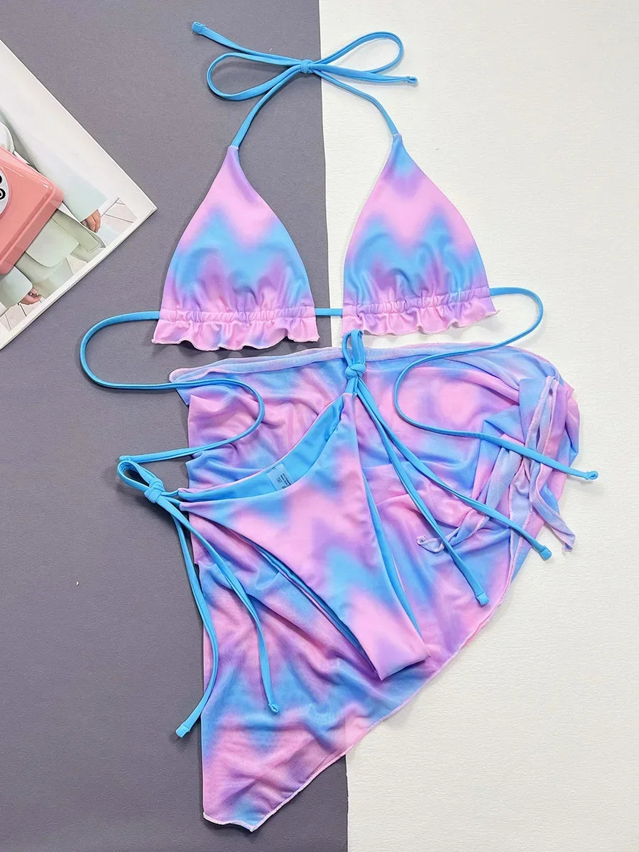 With Sarong Halter Ruffled Tie Dye Bikini Women Swimwear Female Swimsuit Three-pieces Bikini Set Bathing Suit Swim Beachwear