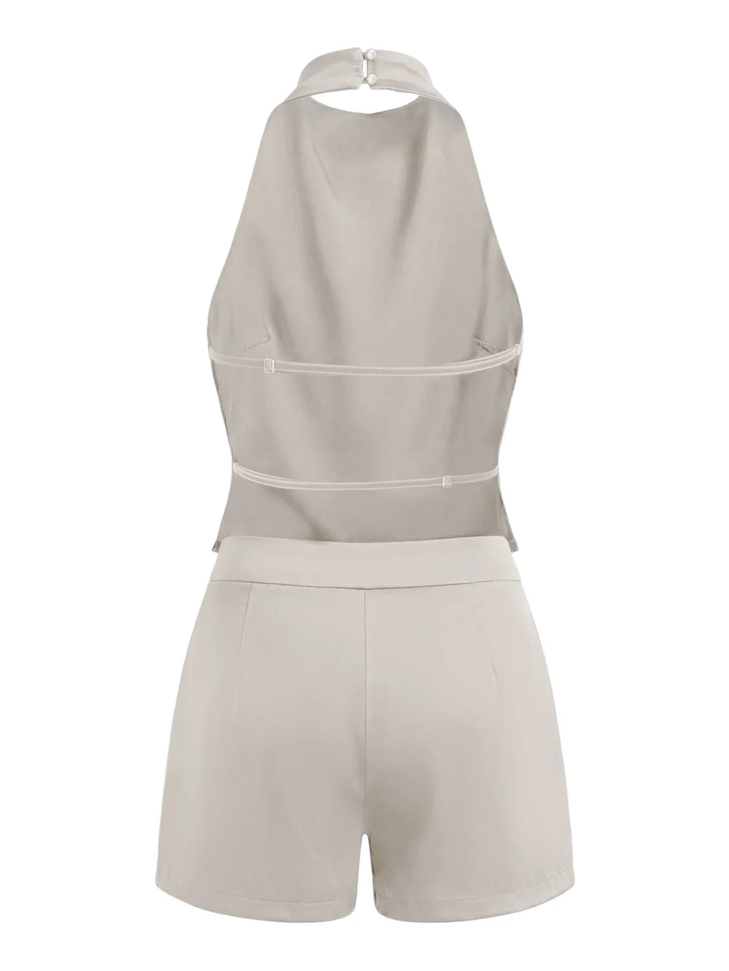 Summer Women's Solid Color Satin Shorts Sets Backless Mock Neck Halter Tops with Shorts 2 Piece Outfits Casual Streetwear