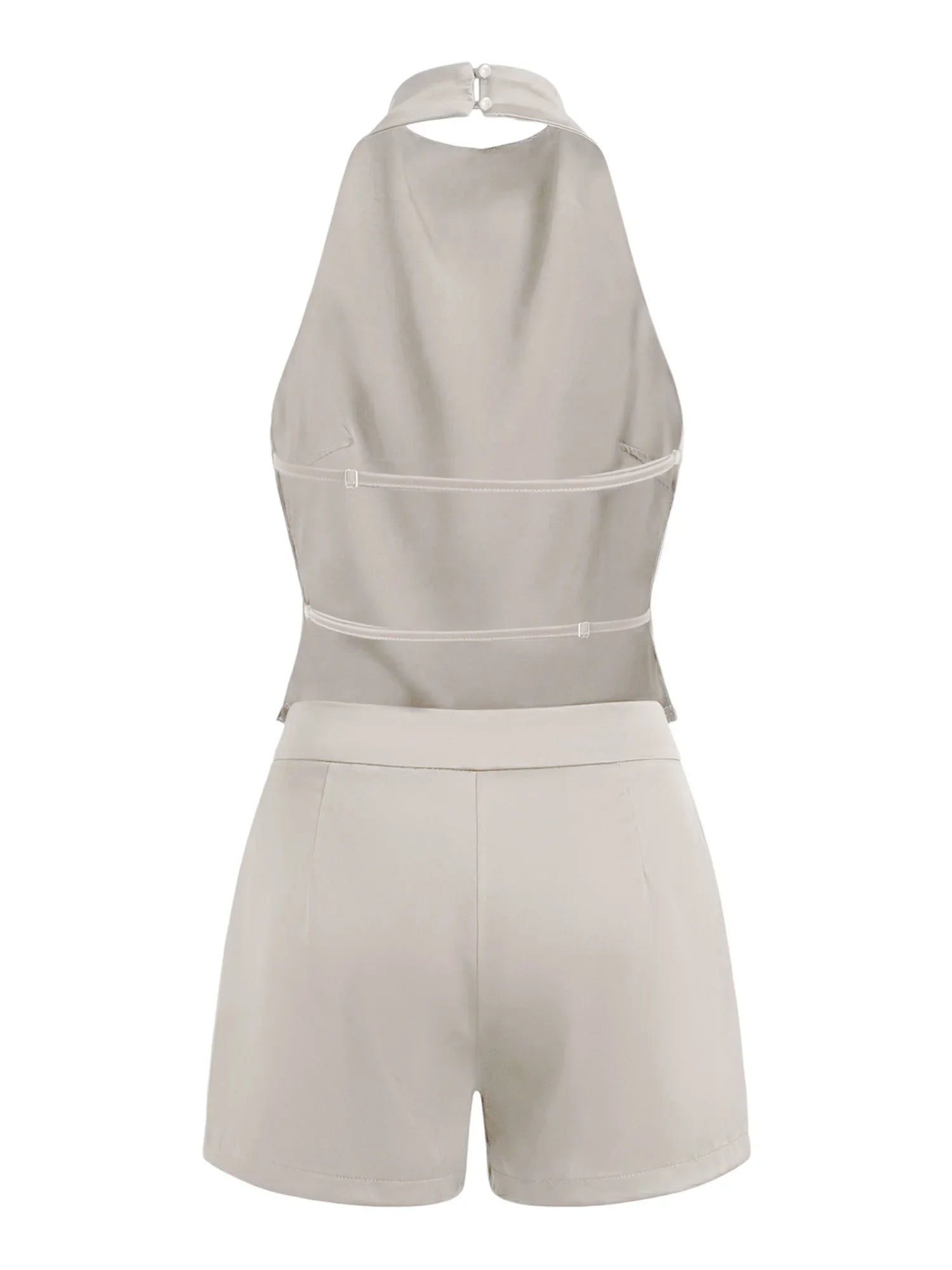 Summer Women's Solid Color Satin Shorts Sets Backless Mock Neck Halter Tops with Shorts 2 Piece Outfits Casual Streetwear