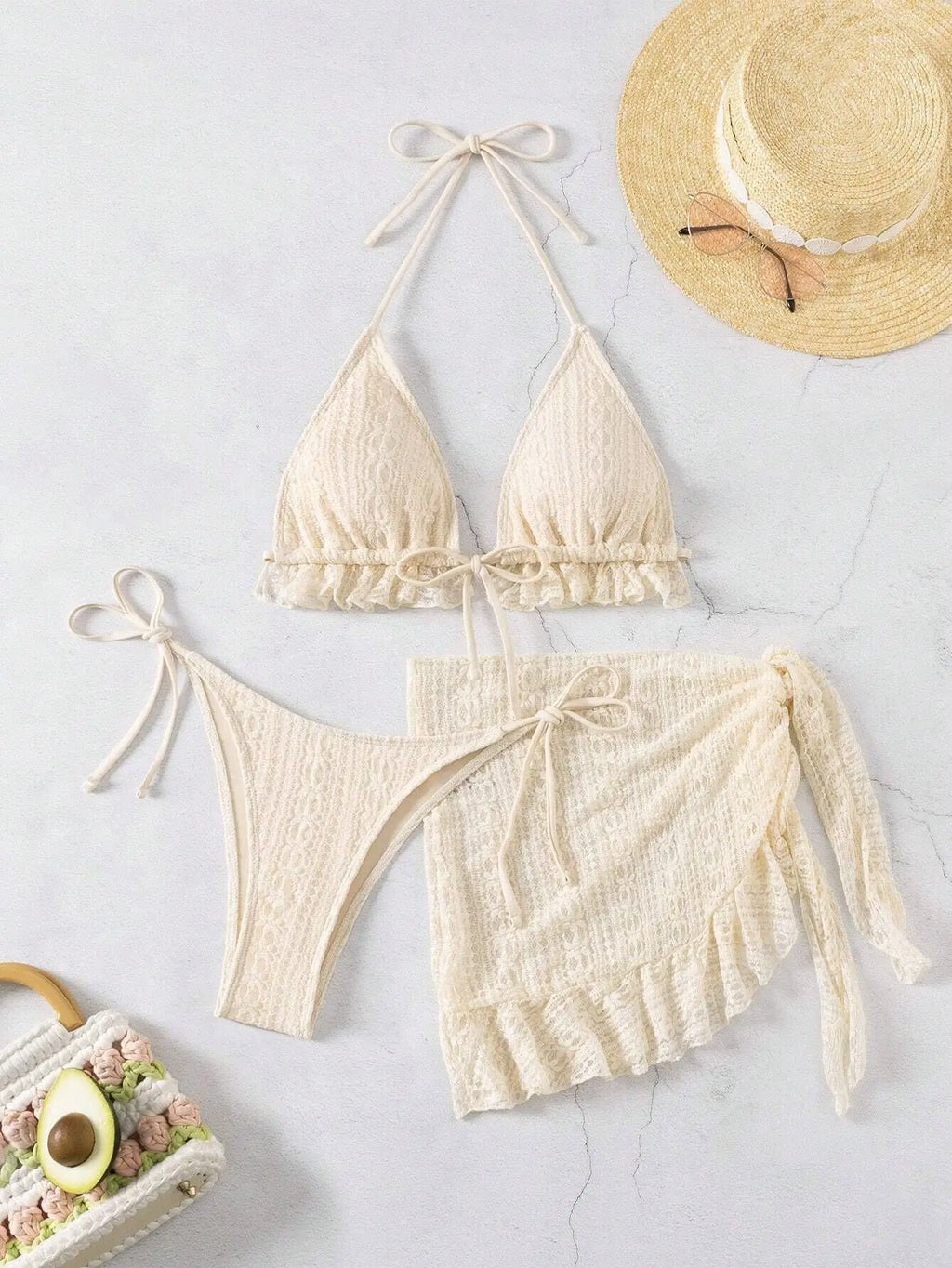 DEKA Women Triangle Ruffles Bikini Set Bathing Suit Spliced Halter Bikini Push Up Bandage Cover Up Beachwear 3 Piece Swimsuit