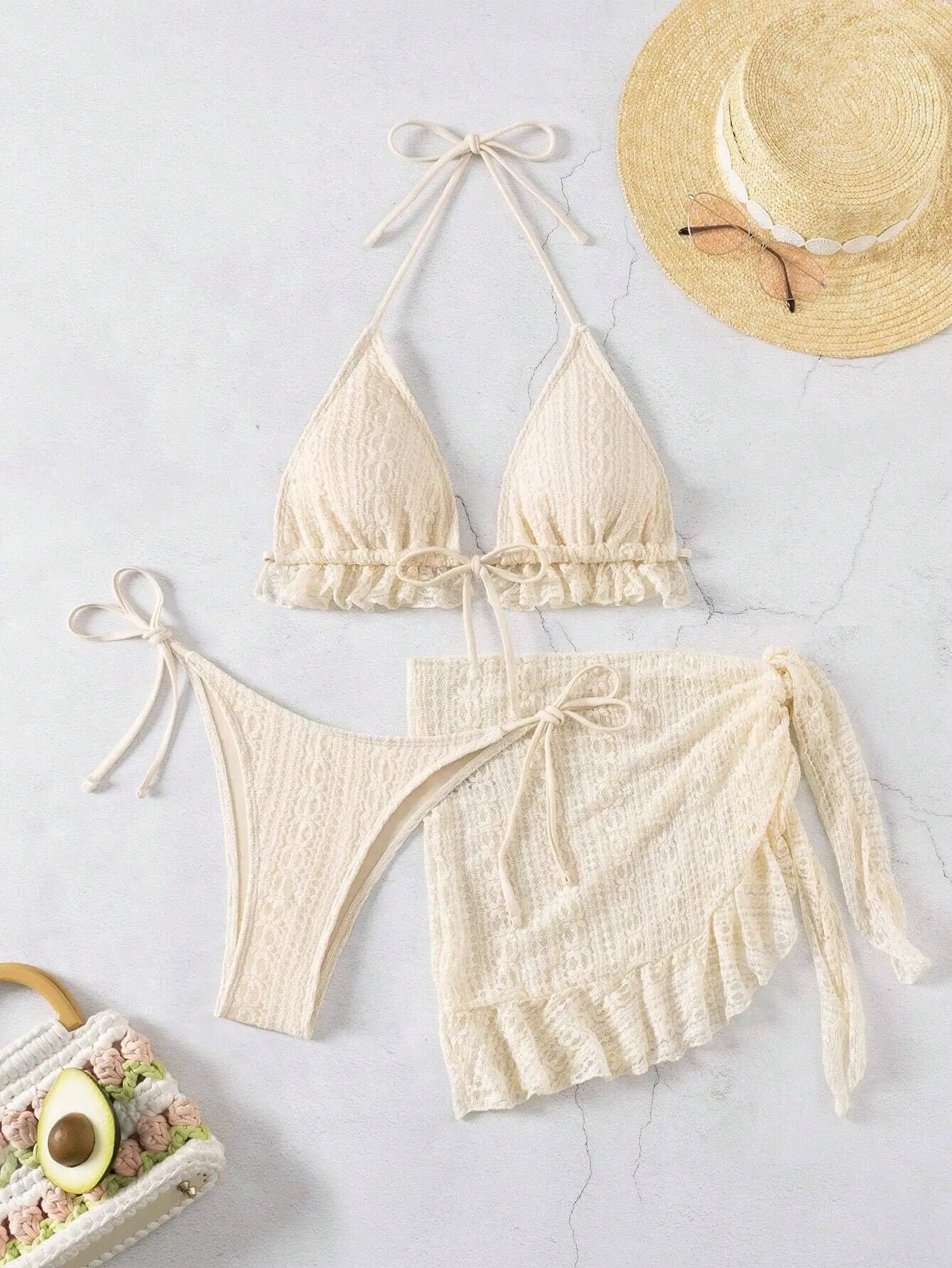 DEKA Women Triangle Ruffles Bikini Set Bathing Suit Spliced Halter Bikini Push Up Bandage Cover Up Beachwear 3 Piece Swimsuit