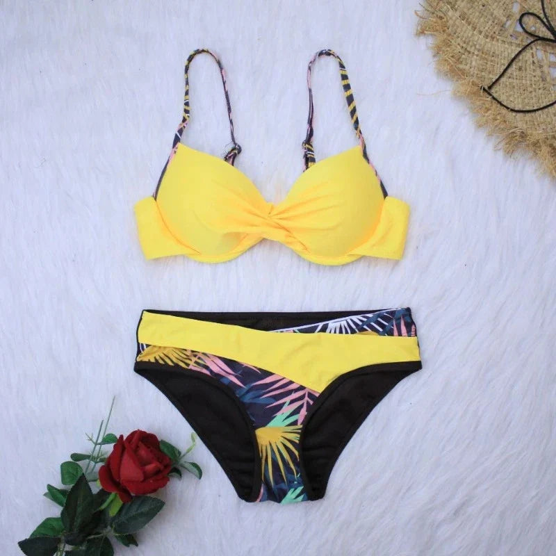 4 Colors Sexy Bikini Women Push Up Swimwear Swimsuit Leaf Print Patchwork Bikinis Set Bathing Suit Beach Bikini Female Biquinis