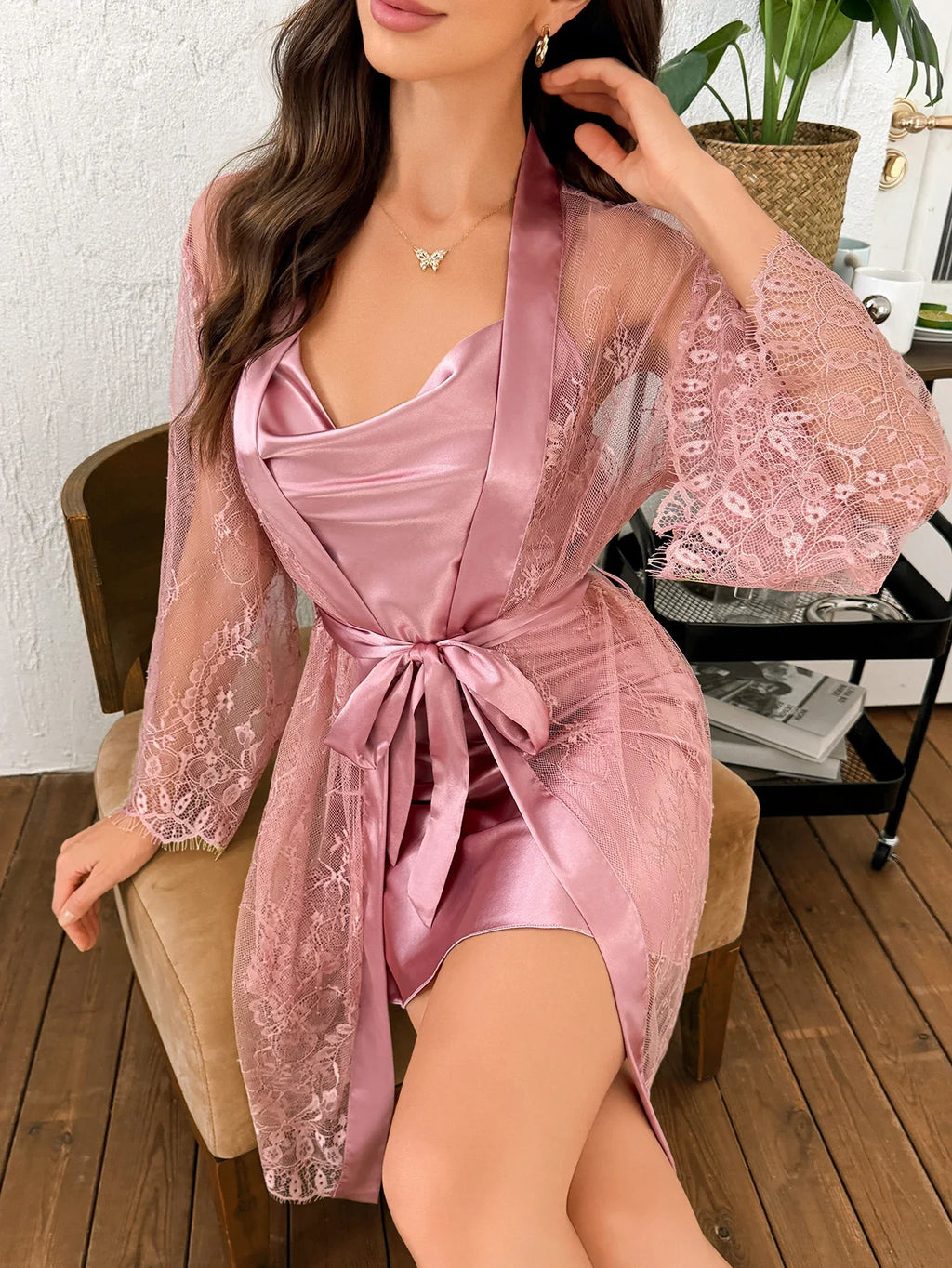 Hot Selling Solid Color Polyester Nightgown Lace See Through Robe For Women 2pcs Set