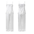 Women Summer Sleepwear White Satin Pajama Sets Lace Spaghetti Straps Cami with Pants Two Piece Sets
