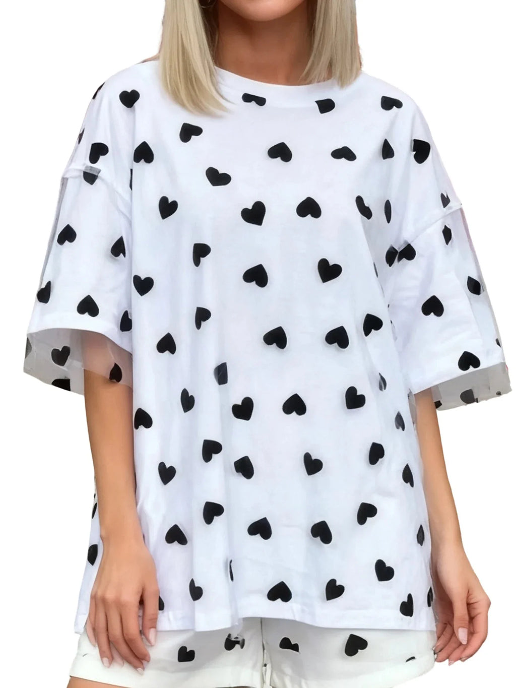 Summer T-Shirt Women Casual Loose Fit Stylish Love Heart Print Crew Neck Short Sleeve Tops