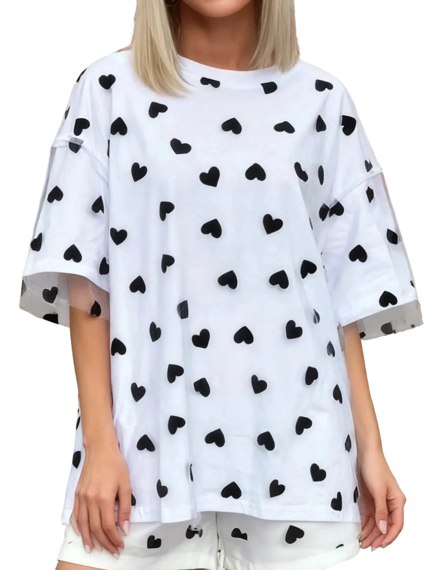 Summer T-Shirt Women Casual Loose Fit Stylish Love Heart Print Crew Neck Short Sleeve Tops