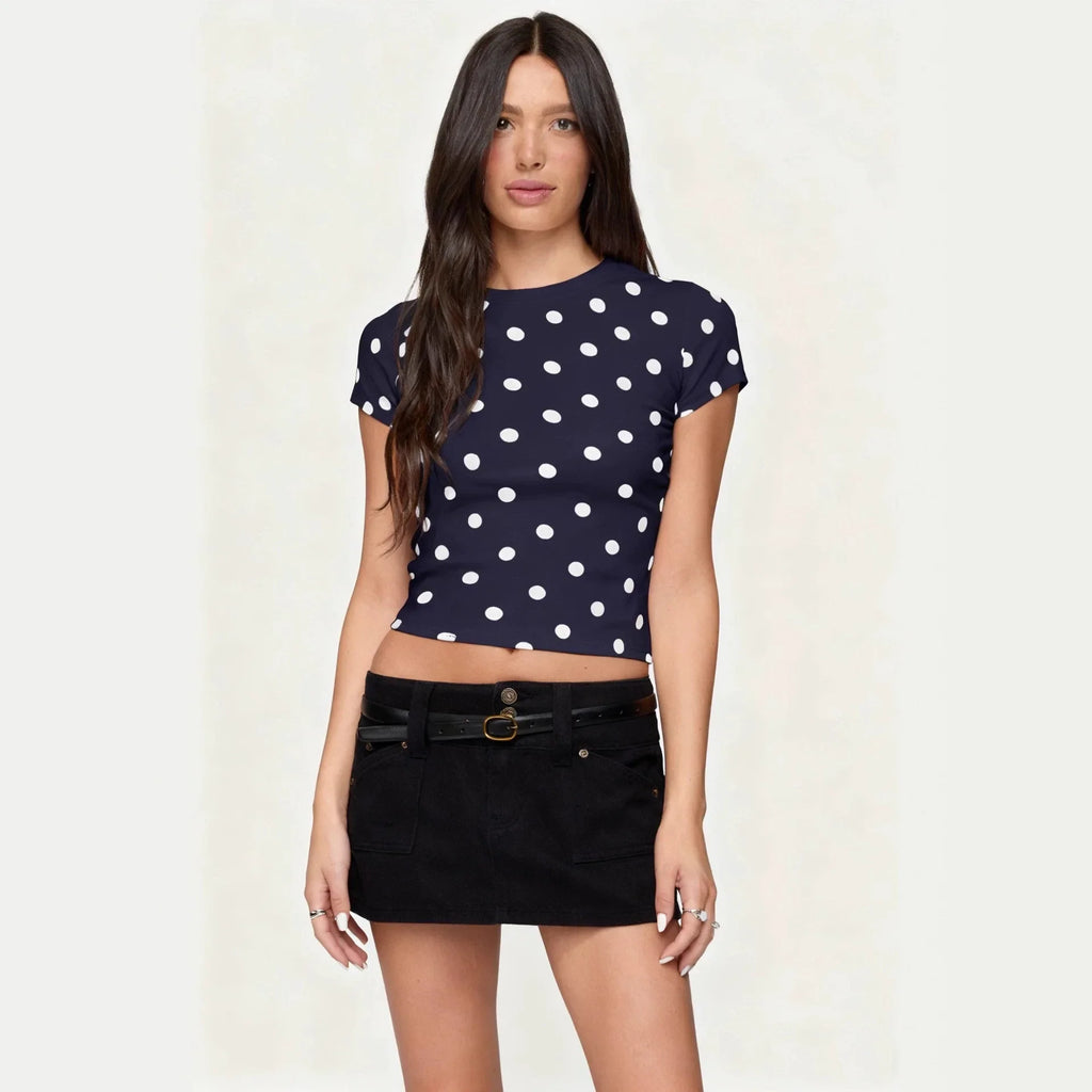 Women's summer fashion retro polka dot short-sleeved printed slim round neck top