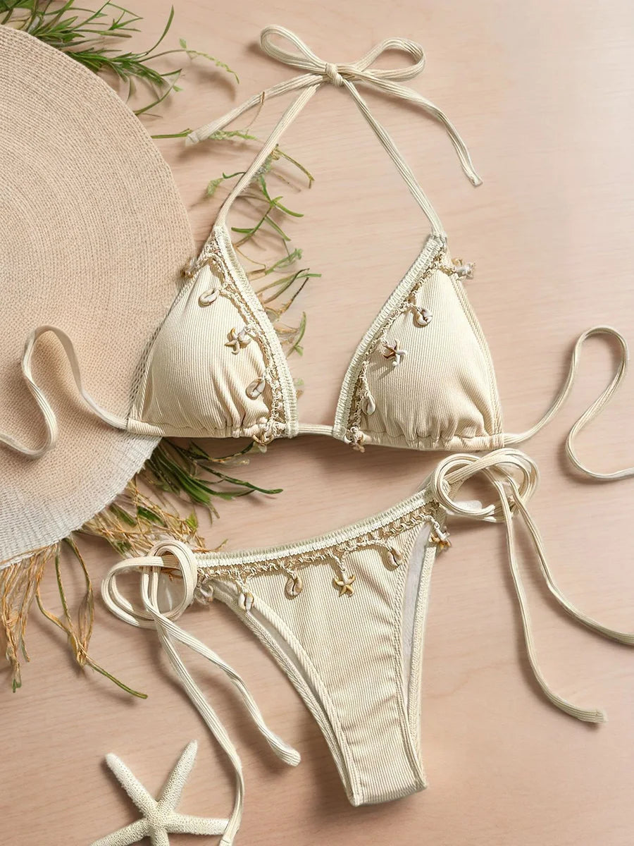 Shell Decoration Halter String Strappy Bikini Women Swimwear Female Swimsuit Two-pieces Bikini Set Ribbed Bathing Suit Swim Lady
