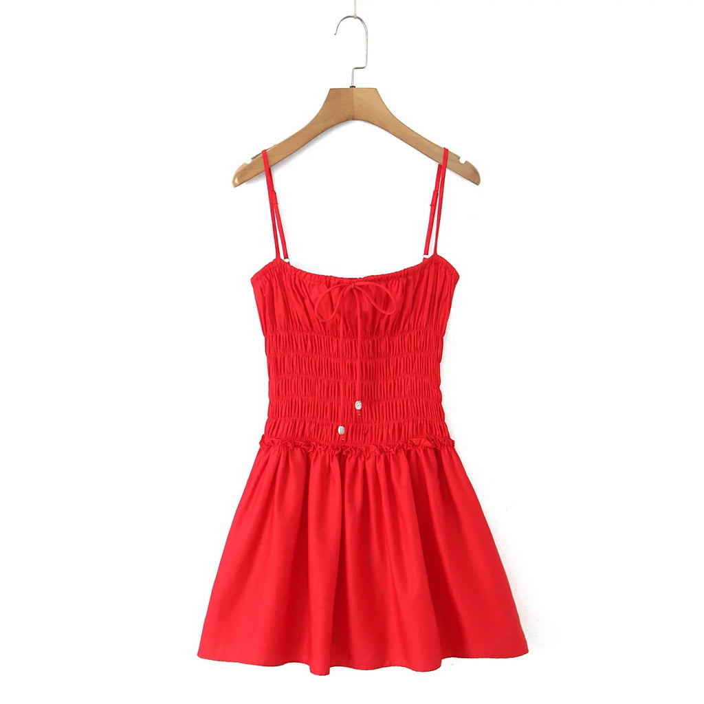 Cotton Summer Red Short Dress Women Strapless Beach Mini Dress Casual Ruffles Spaghetti Strap Boho Party Sleeveless Dress
