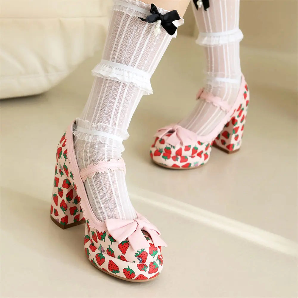 Big Size 43 High Quality Women's y2k Block High Heels Sweet Strawberry Print Mary Jane Pumps Black Pink Platform Lolita Shoes