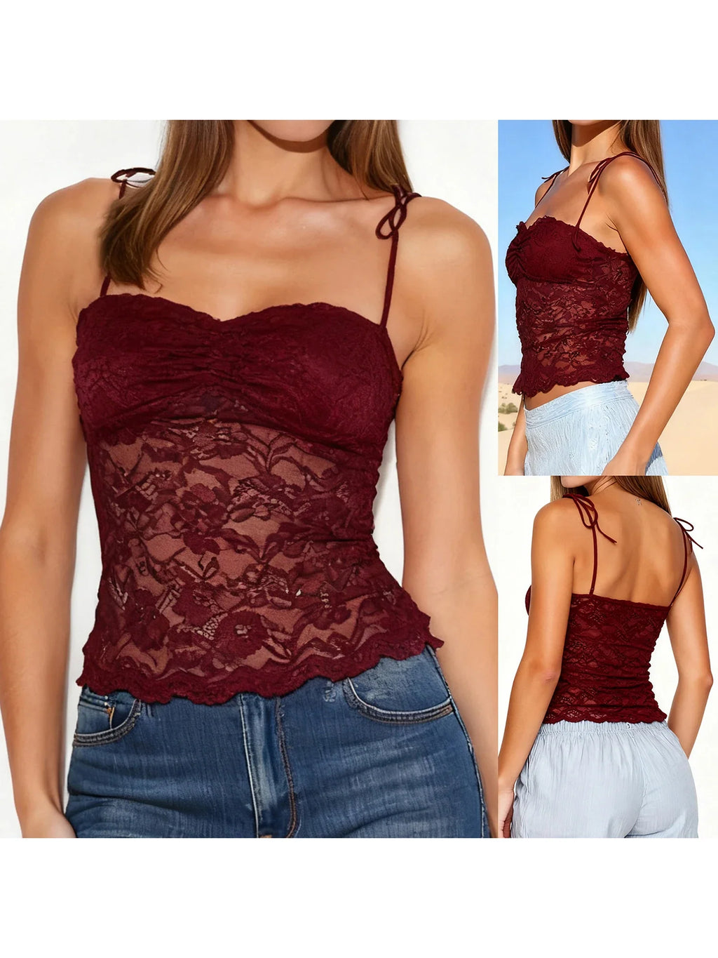 Women's Solid Color Lace Cami Tops Sleeveless Tie Spaghetti Strap Ruched Bust Camisole Summer Vest