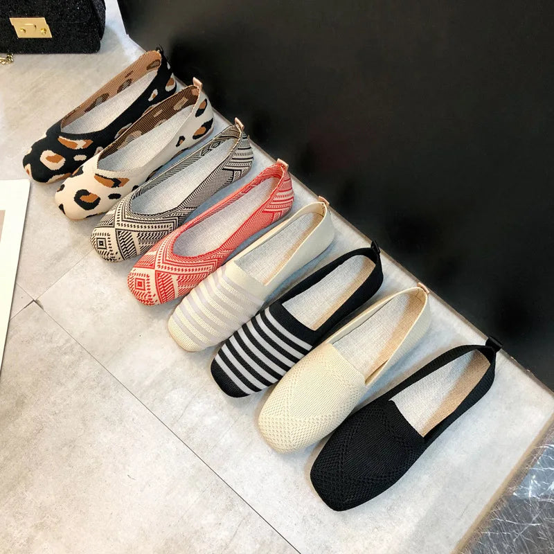Spring and Autumn Flat Shoes Fashion Leisure Women's Flat Shoes Square Toe Knitting Elastic Comfortable Slip-on Boutique Shoes
