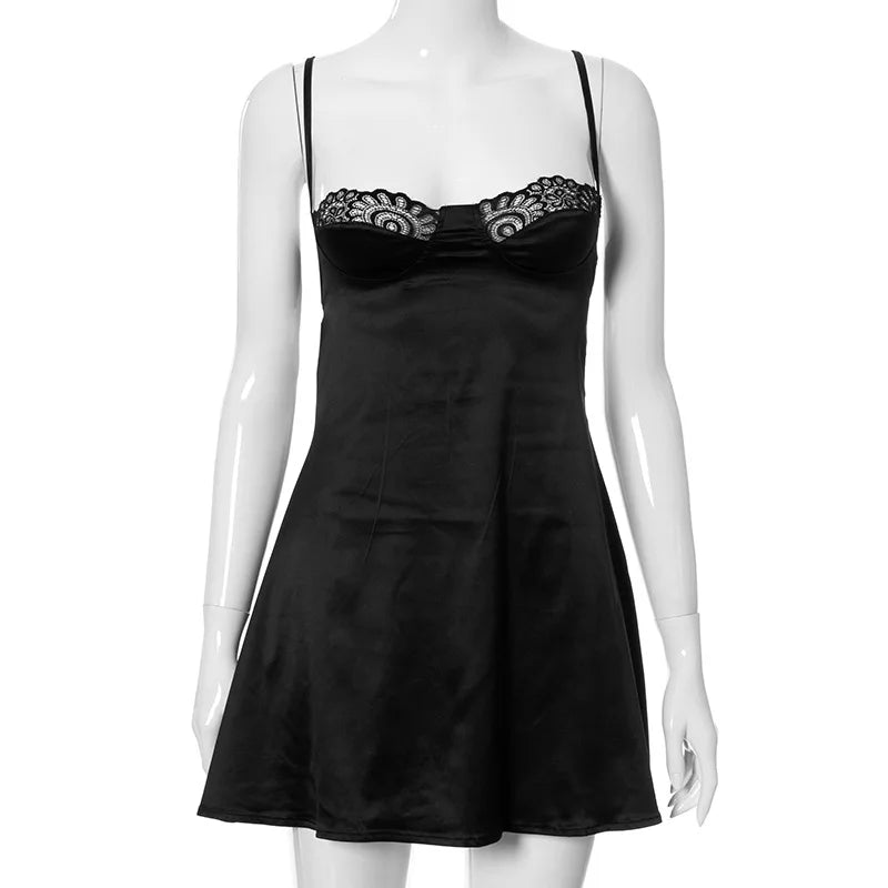 Women Summer Mini Dress Spaghetti Strap Lace Trim Corset Backless Satin Dress Retro Sexy Elegant Club Dresses Female