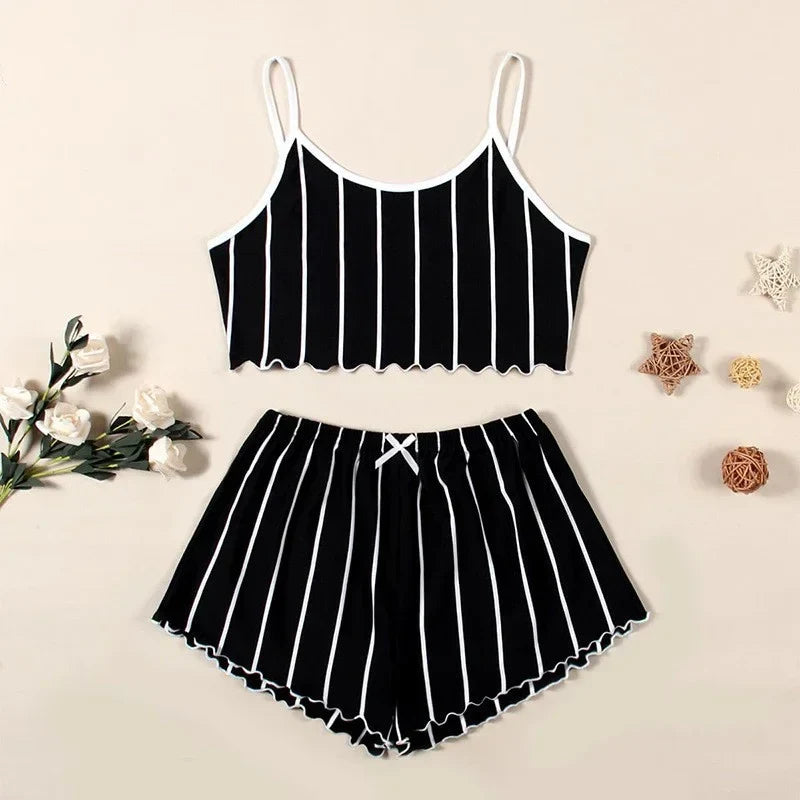 Summer Casual Pajamas Set for Women Sleepwear Sexy Lingerie Sleeveless Striped Tank Top Vest + Shorts Set Pijamas Homewear