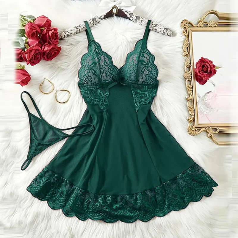 Summer Sleep Shirts Sexy Lingerie Women Mesh Nightgown Exquisite Ultra-thin Lace Embroidery Pajamas Hot Sleepwear With Thongs