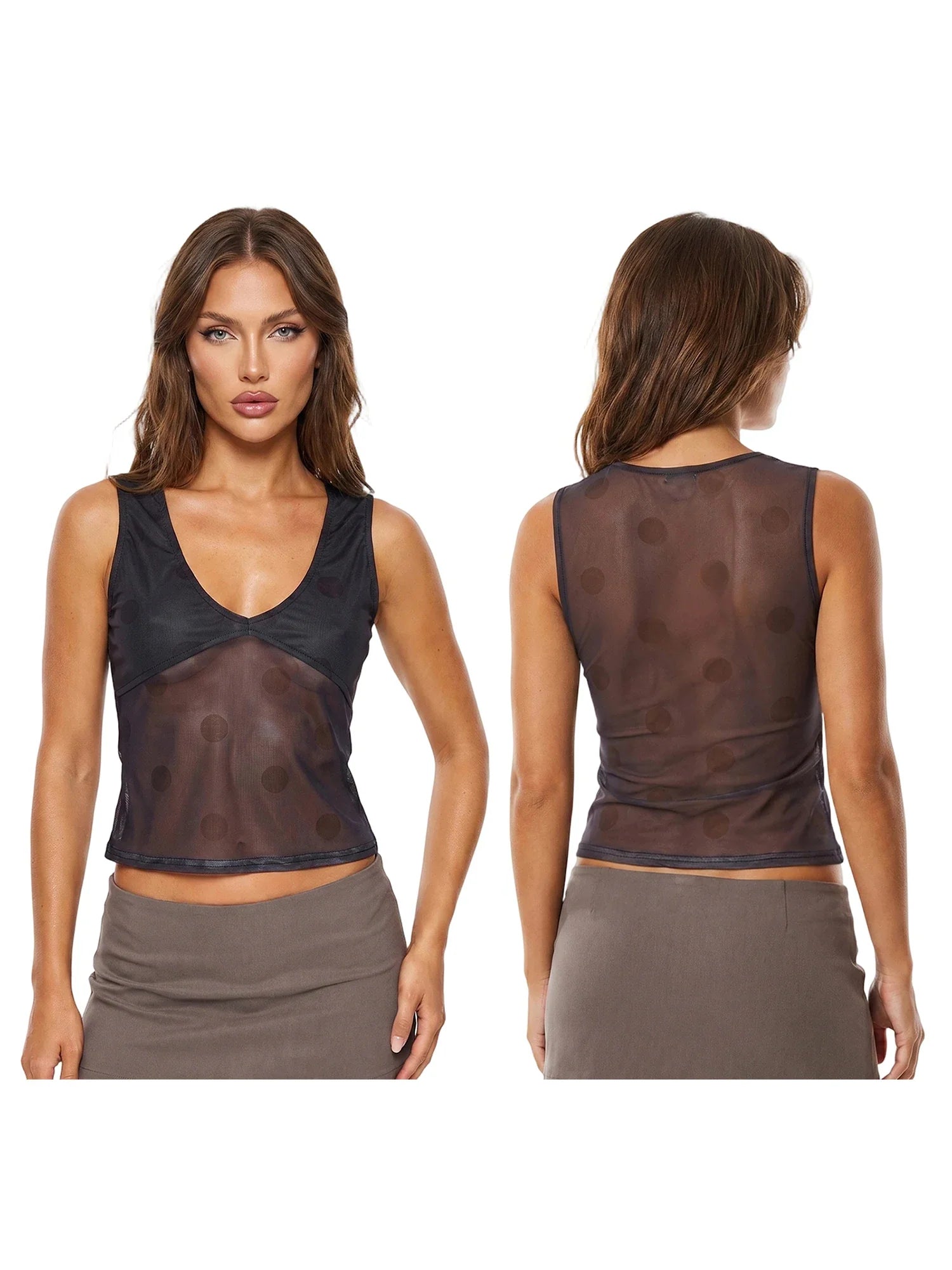 Summer Women Dots See-through Mesh Tank Tops V-neck Slim Fit Vest Fashion Club Sleeveless Shirts Streetwear
