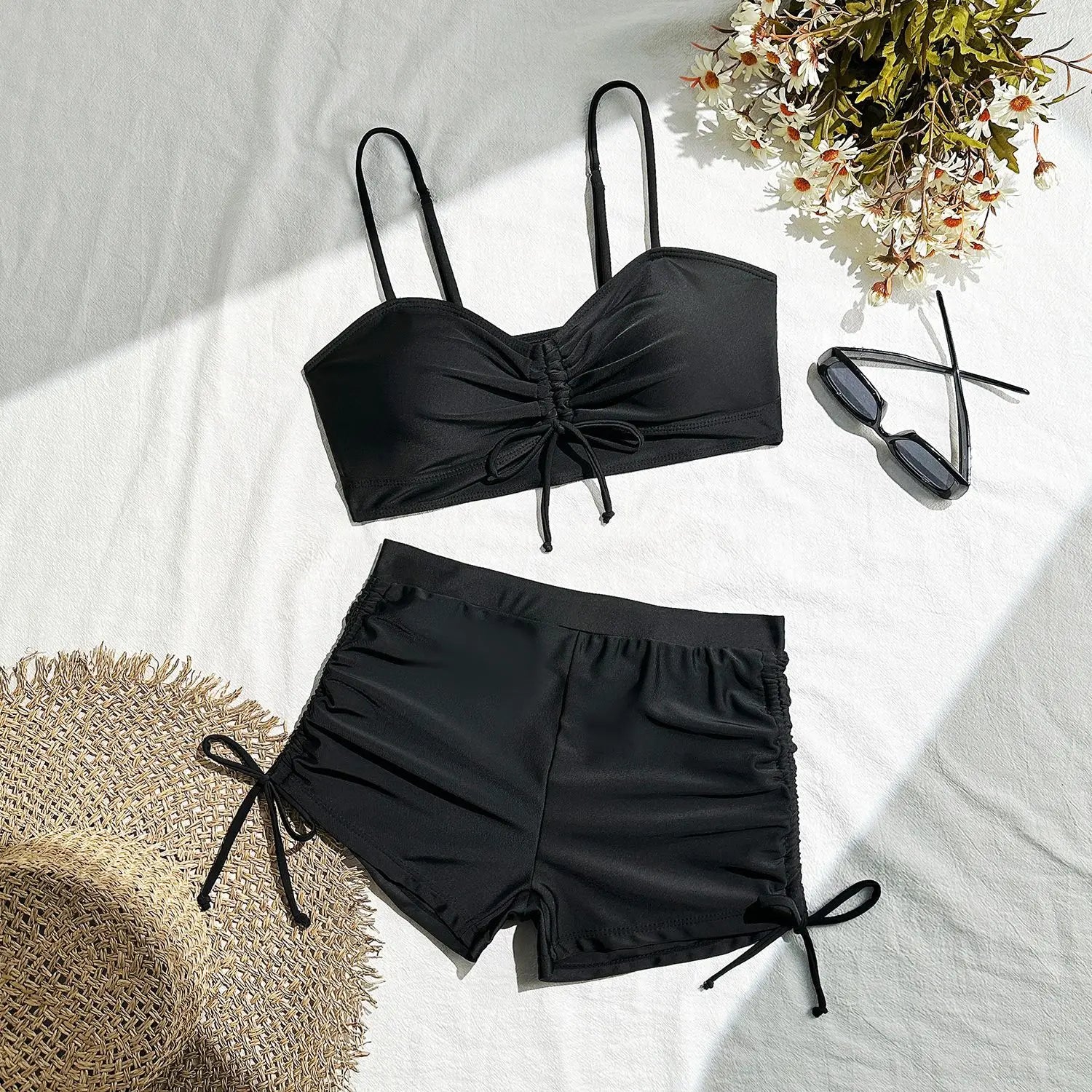 Wrinkled Knotted Shorts High Waist Bikini Female Swimsuit Women Swimwear Two-pieces Bikini Set Tankini Bathing Suit Swim Beach