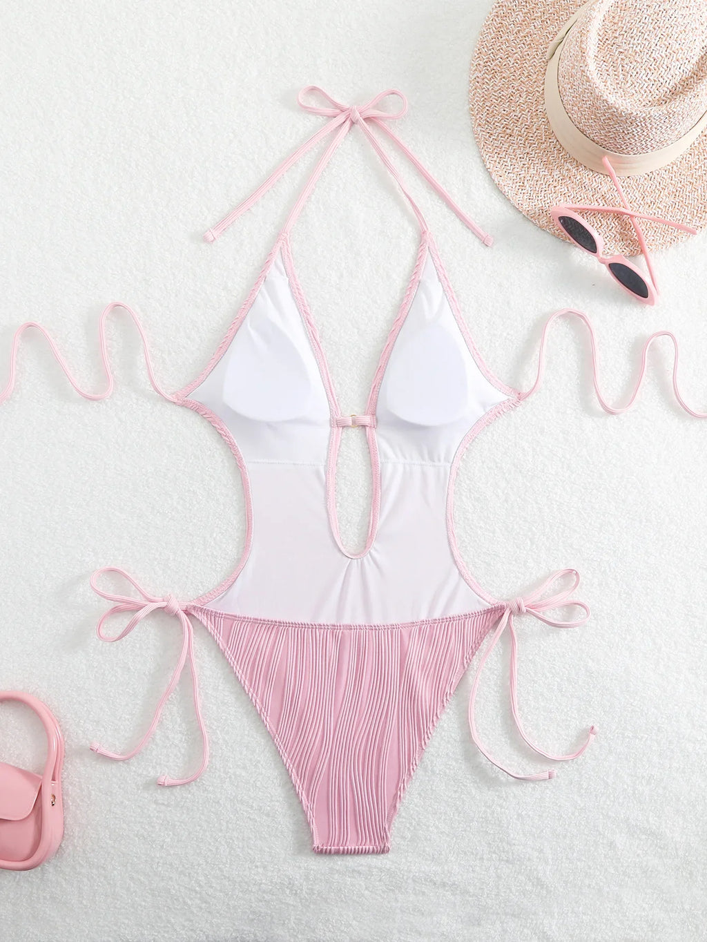 S - XXL Halter V Neck Wrinkled Female Swimwear One Piece Swimsuit Women Backless Monokini High Cut Bathing Suit Swim Beach Wear
