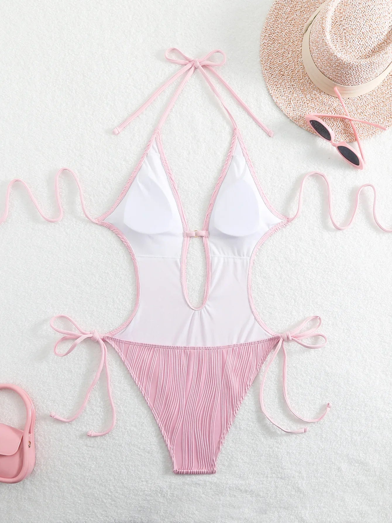 S - XXL Halter V Neck Wrinkled Female Swimwear One Piece Swimsuit Women Backless Monokini High Cut Bathing Suit Swim Beach Wear