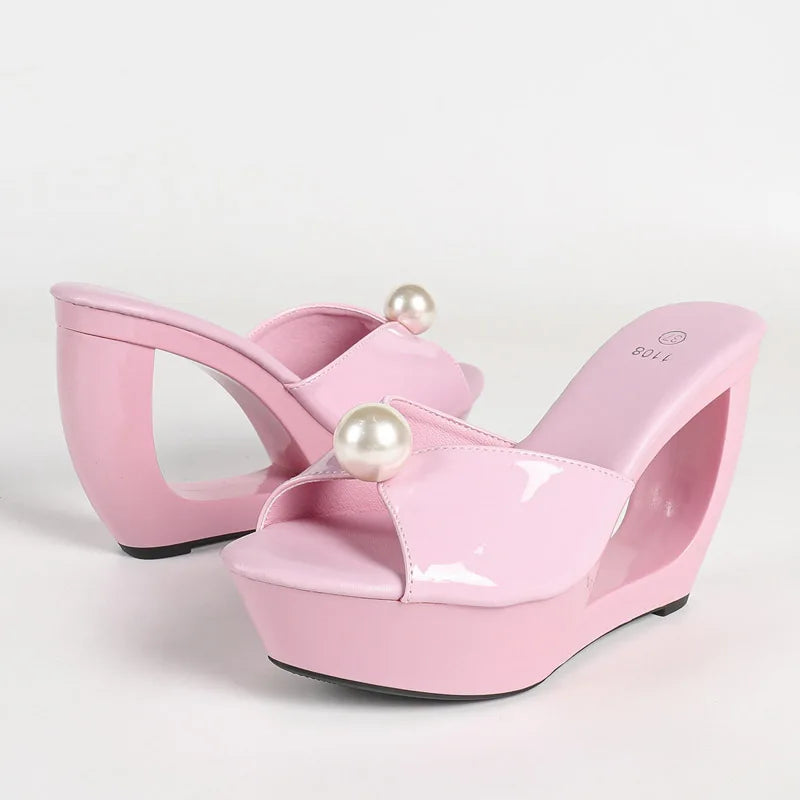 New Summer Fashion Design Peep Toe Beaded Slippers Platform Sandals Women Hollow Heels Female Shoes Zapatos Mujer