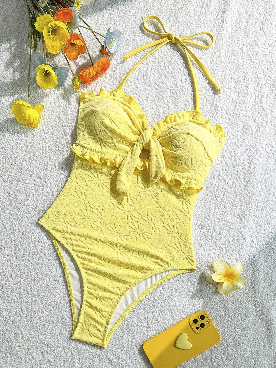 S - XL Floral Printed Strapless Ruffled Frilled One Piece Swimsuit Women Swimwear Female Monokini Knotted Bathing Suit Swim Lady