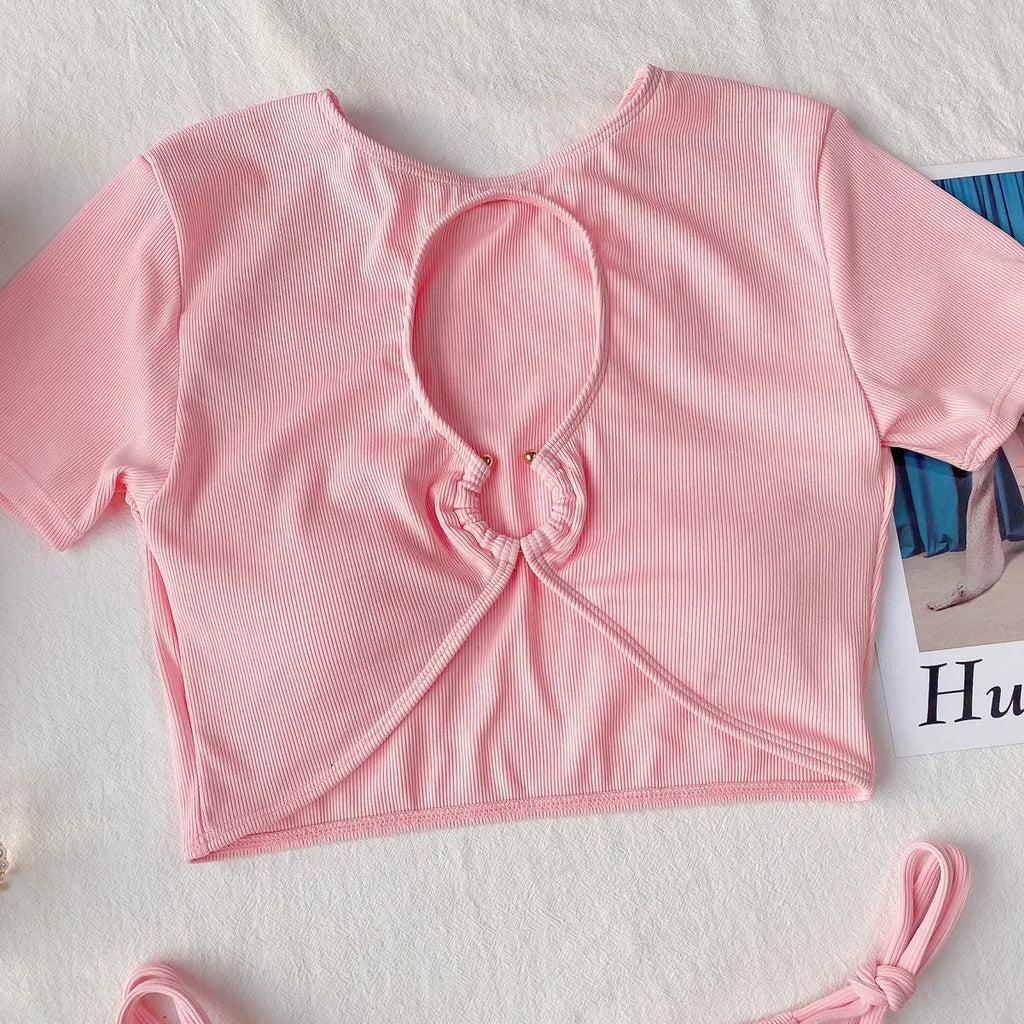 Bikini 2026 Sexy Pink Short Sleeve Hollow Swimwear Swimsuit Women Bikinis Set Bathing Suit Beach Bikini Female Metal Ring Decor