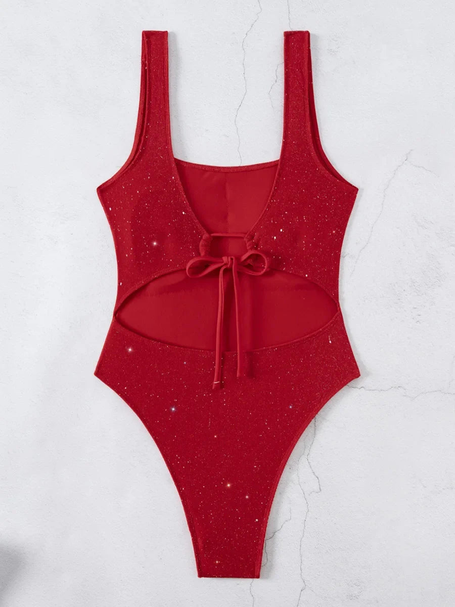 Glitter Sparkling Cut Out Backless One Piece Swimsuit Women Swimwear Female High Cut Leg Bather Bathing Suit Swim Lady Beachwear