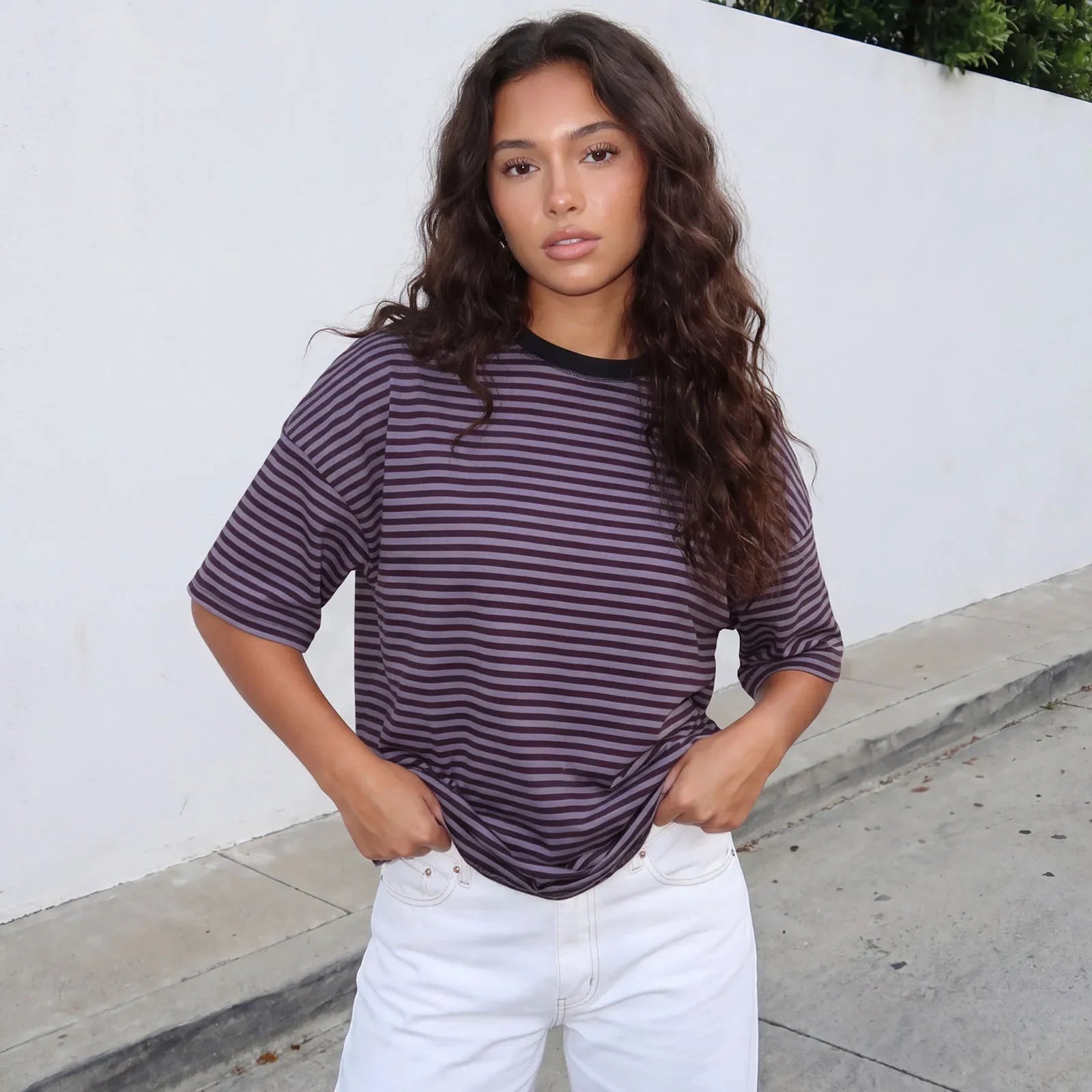 Summer Women's Loose T-shirt Casual Stylish Striped Crew Neck Short Sleeve Drop Shoulder Tee Tops