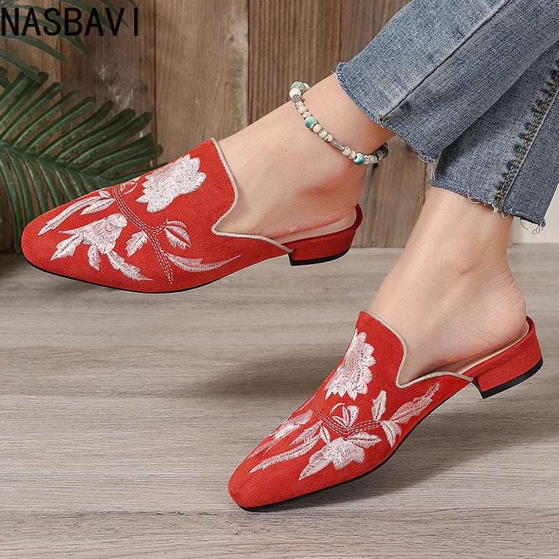 NASBAVI Fashion 3d Embroidery Mules Women Fur Slippers Velvet Shoes Ladies Low Heel Flower Decoration Sandals Women's Flip Flops