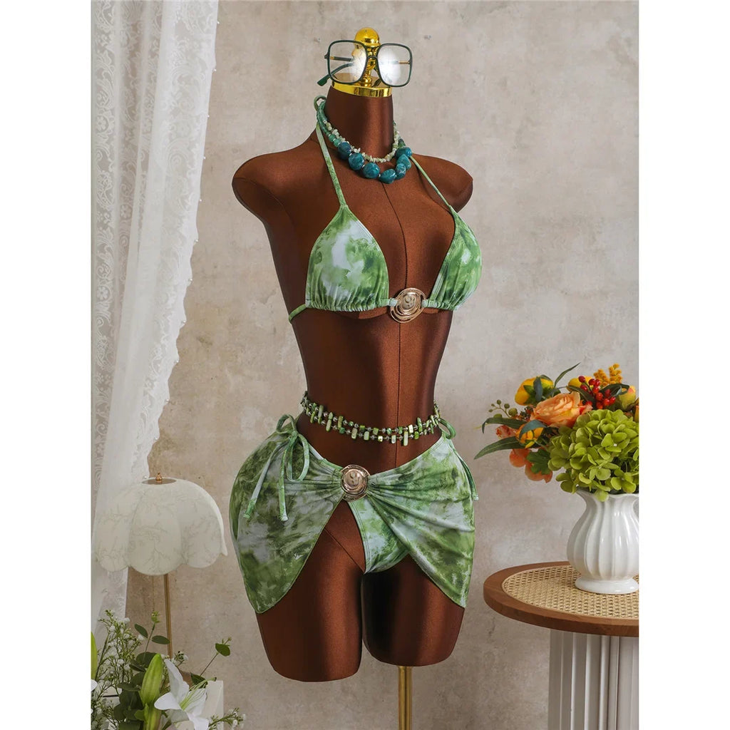 3PCS New With Skirt Tie Dye Halter Bikini Women Swimwear Female Swimsuit Bather Bathing Suit Swim Three-pieces Bikini set K8069