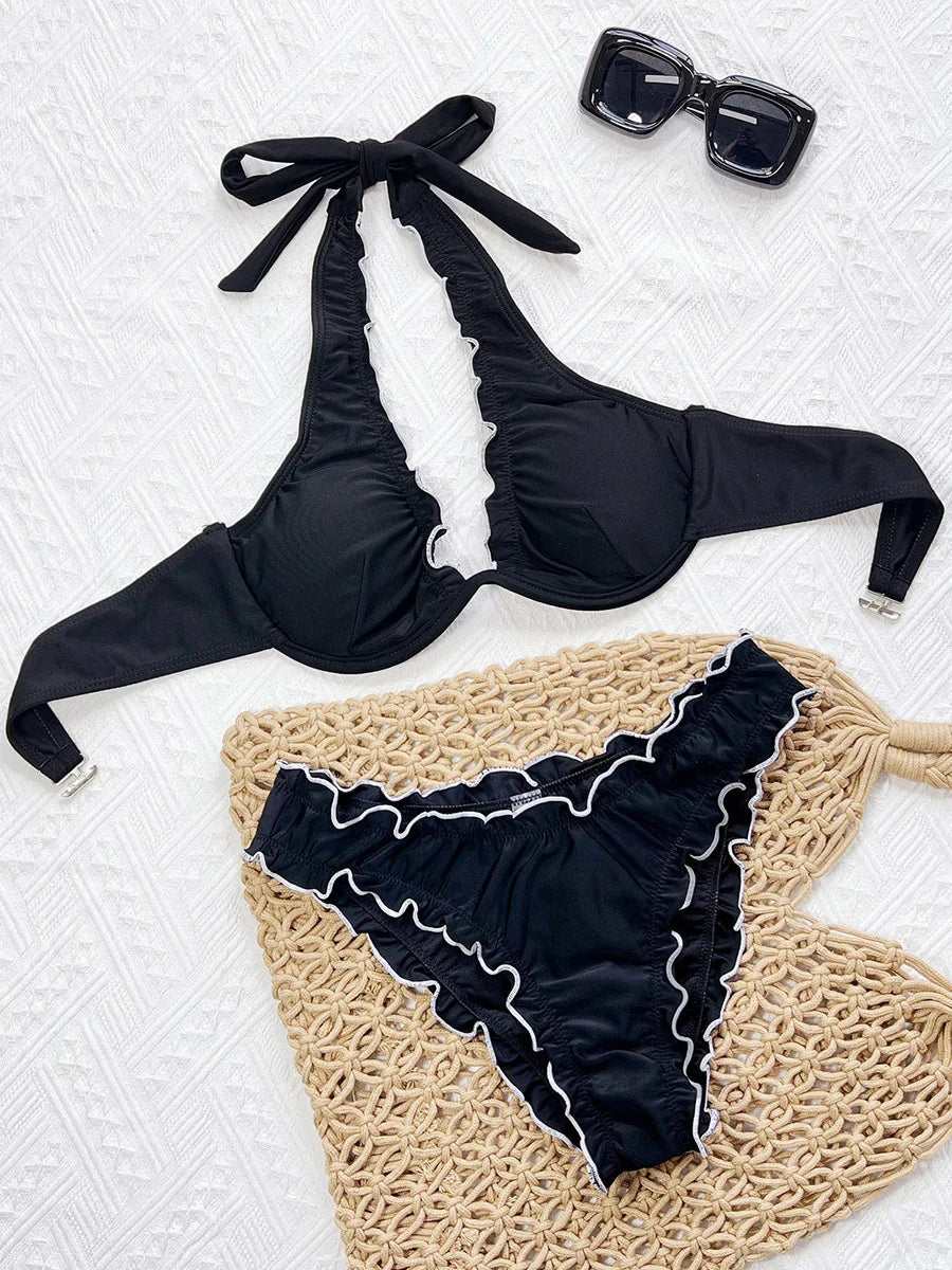 Ruffled Frilled Halter Underwired V-bar Bikini Women Swimsuit Female Swimwear Two-pieces Bikini Set Brazilian Bathing Suit Swim