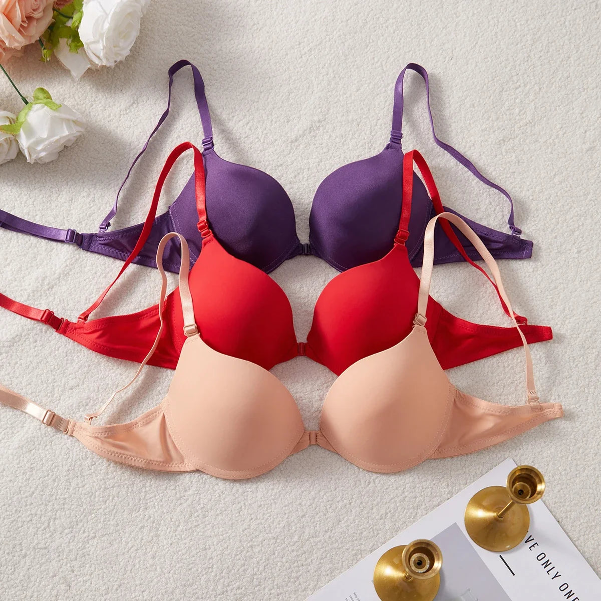 3-Pack Women's Underwear Set Everyday Basic Simple Solid Underwire Padded Push-Up Bra Casual & Comfortable T-Shirt Women's Bra