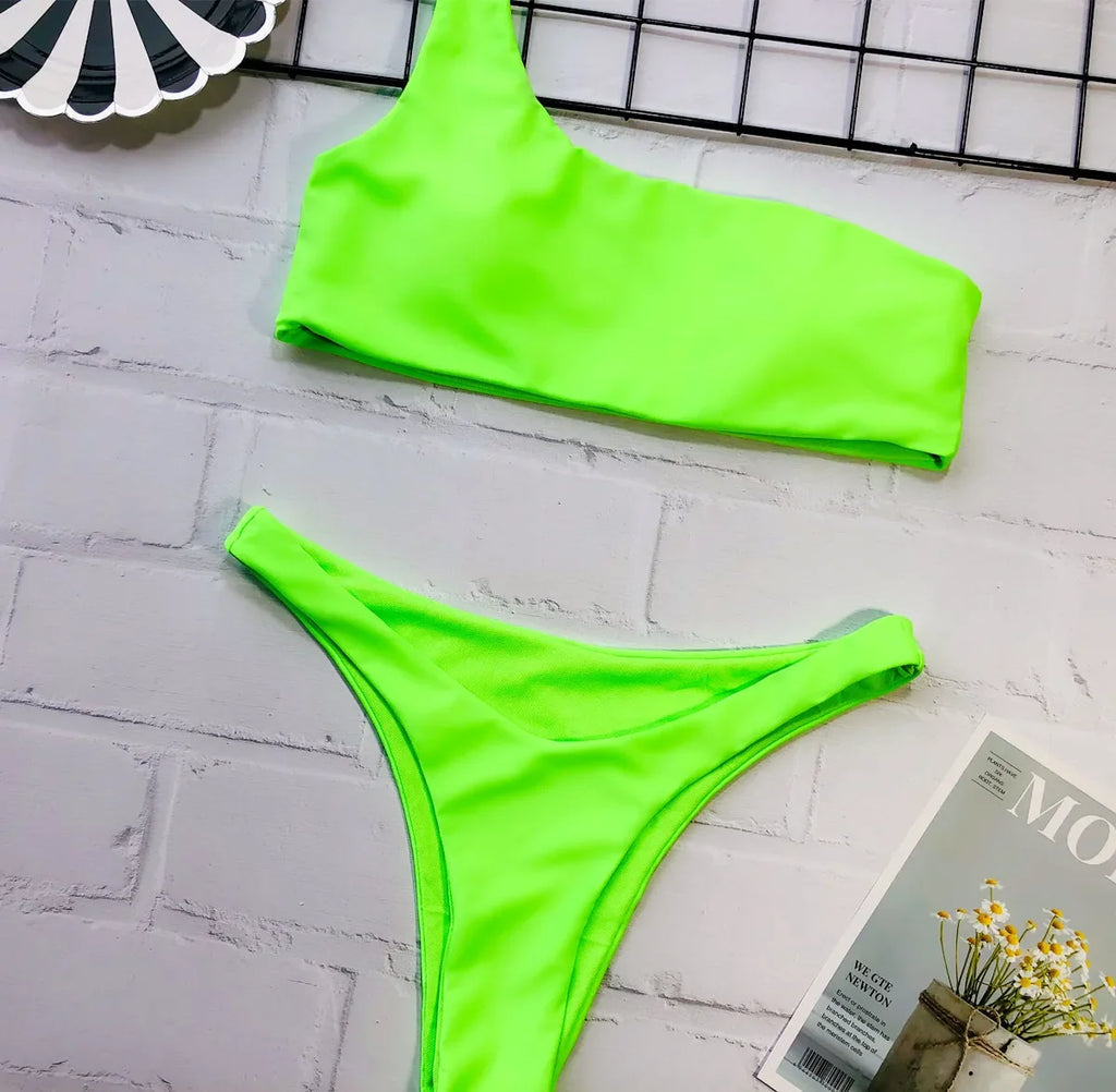 Bikini 2026 Sexy Swimwear Swimsuit Women Single Shoulder Fluorescent Green Bikinis Set Bathing Suit Beach Bikini Female Push Up