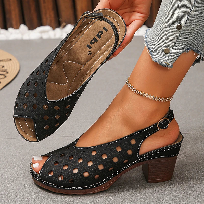 Vinatge Peep Toe Thick Heels Sandals Women Hollow Out Back Strap Rome Sandles Woman Plus Size 43 Lightweight Sandalias Mujer