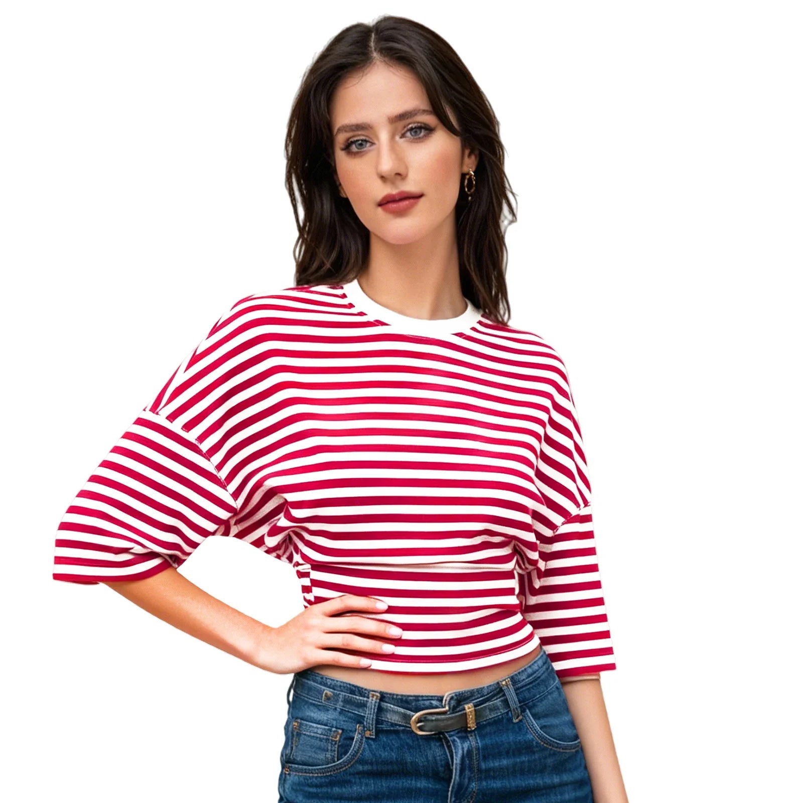 Women Summer Fashion Casual Elbow Sleeve T-Shirts Stripe Cinched Waist Crew Neck Tops Streetwear