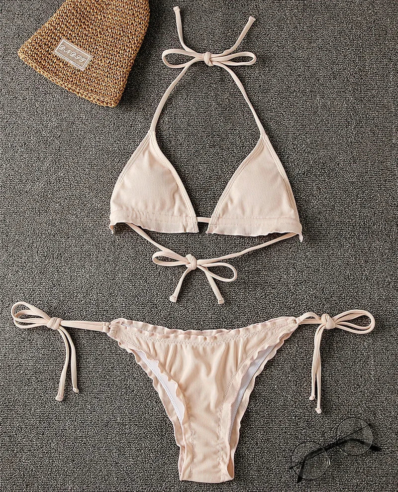 Ribbed Ruffled Frilled Brazilian Bikini Women Swimsuit Female Swimwear Two Pieces Bikini Set Halter String Bathing Suit Swim
