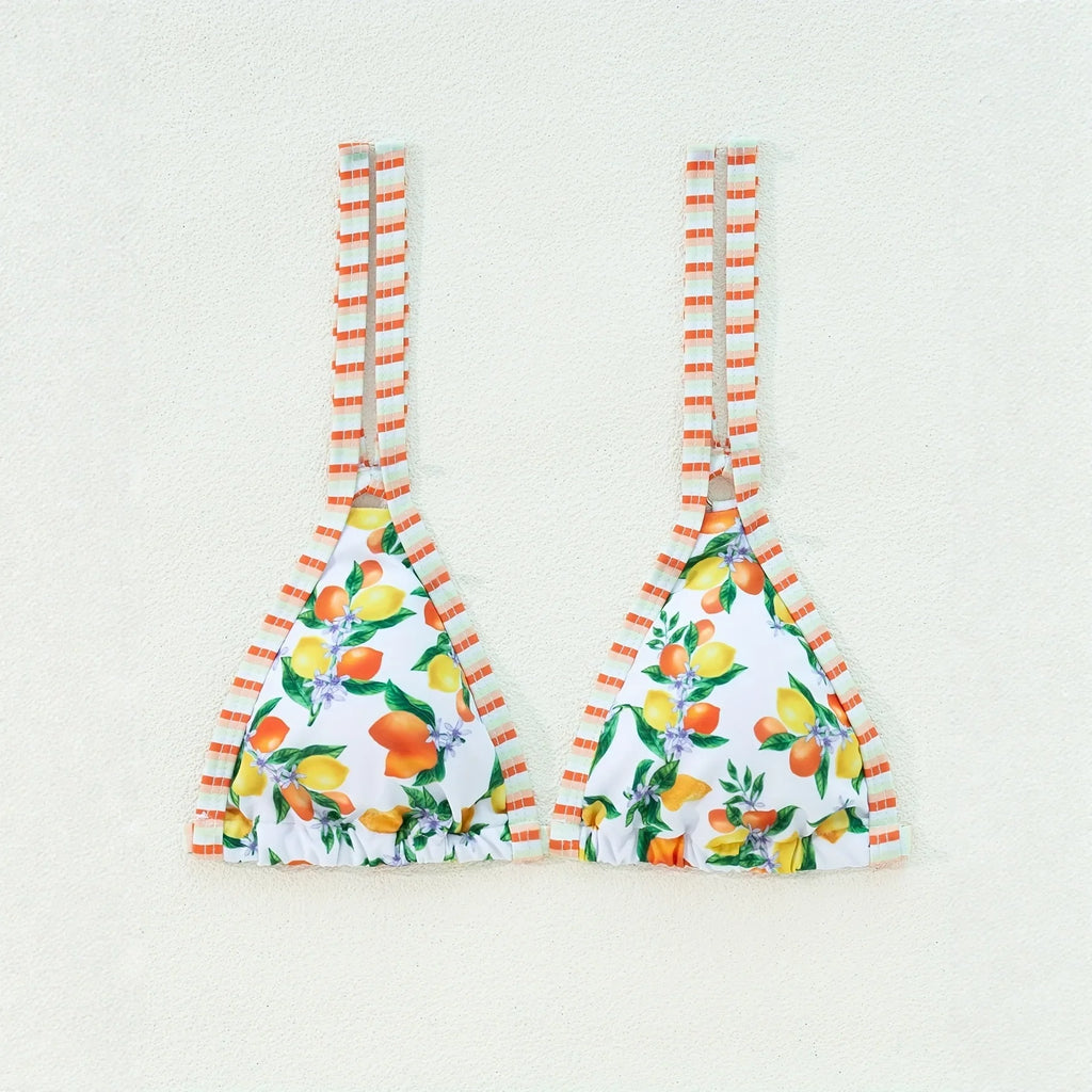 2026 Sexy Orange Print Micro Bikini Women Double Strap Push Up Bra Hollow Out Thong Swimsuit Beach Bathing Suit Holiday Swimwear