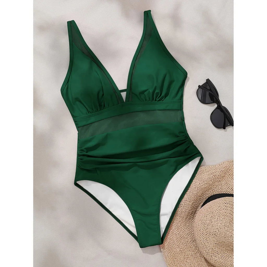 S - XL New Sexy Mesh Sheer V Neck Women Swimwear One Piece Swimsuit Female High Leg Cut Monokini Bather Bathing Suit Swim V5136