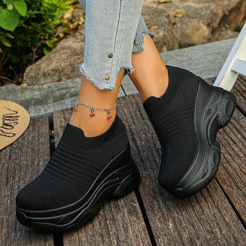 Breathable Mesh Chunky Platform Sneakers Women Plus Size 42 Thick Bottom Sport Shoes Woman Black White Knitting Walking Shoes