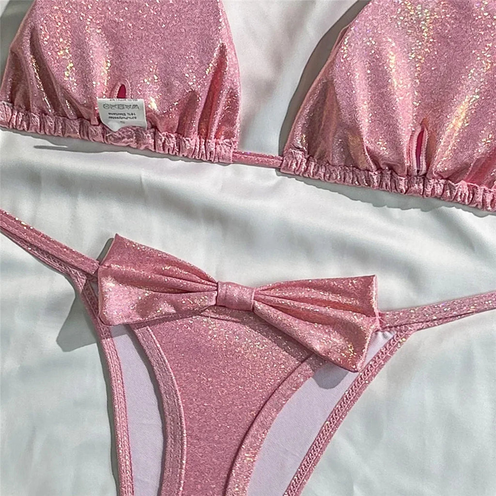 Glitter Sparkling Bow Halter Bikini Female Swimsuit Women Swimwear Two-Pieces Bikini Set Padded Bather Bathing Suit Swim V7567