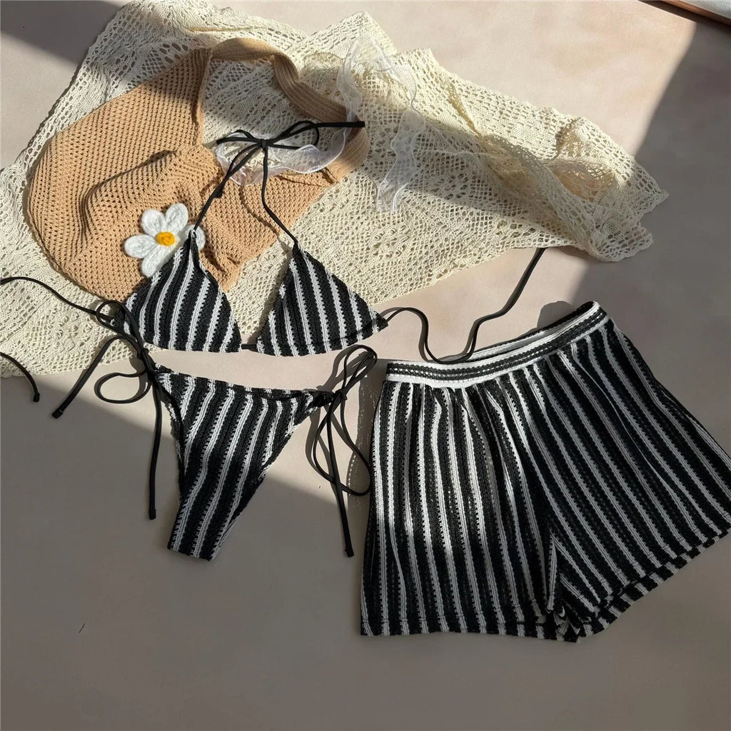 With Shorts Striped Halter Bikini Female Swimsuit Women Swimwear Three-Pieces Bikini Set Padded Bather Bathing Suit Swim V7159