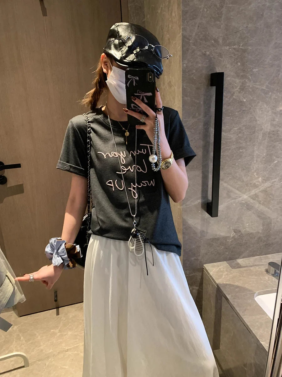 Spliced Lace Elastic High-waisted Slimming Skirt White Lace Trim Skirt Elastic Waist Casual Summer Style Skirt For Women 6S7Q