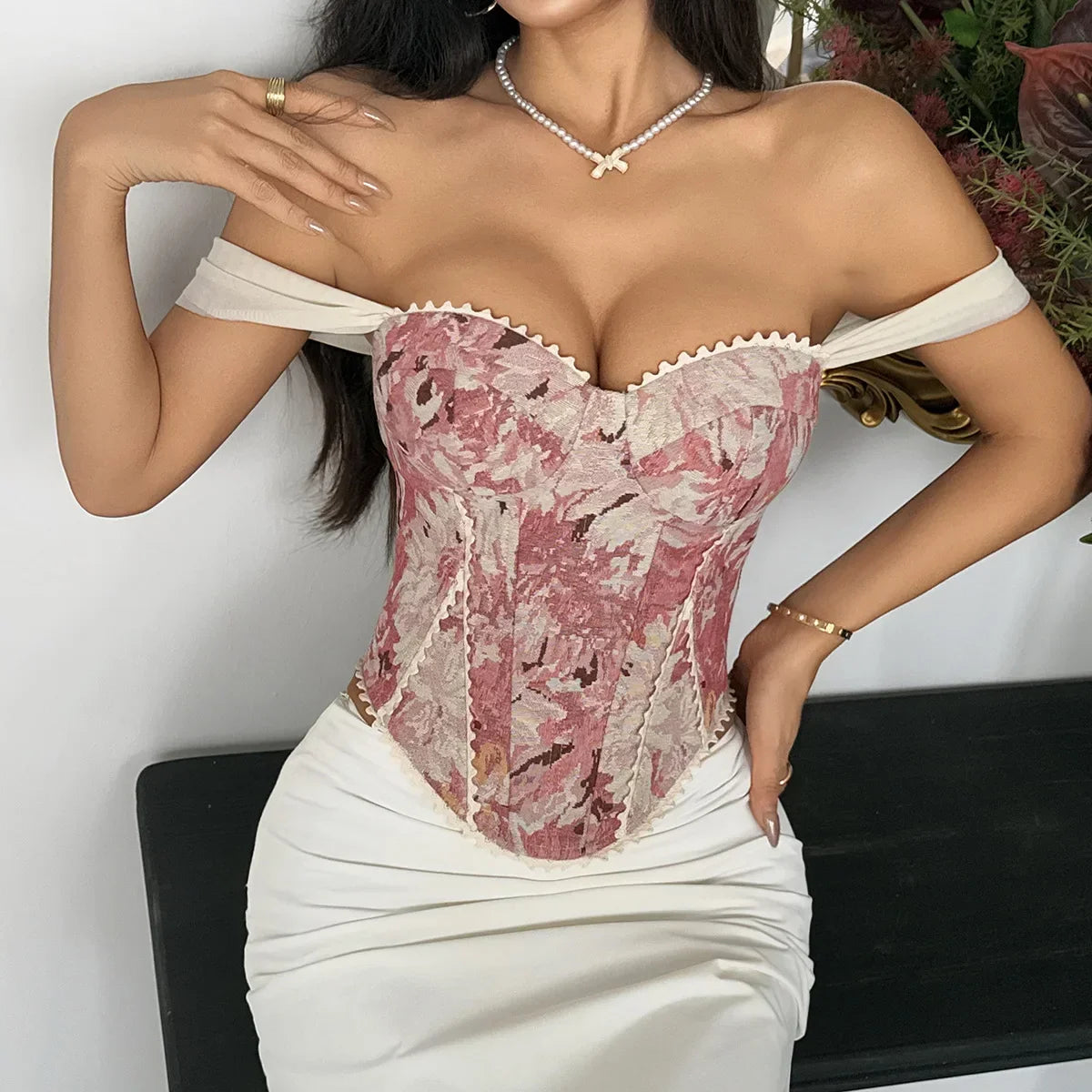 Retro Red Floral Print Corset Tank Top Sexy Back Criss Cross Bandage Bustier Lace Trim Night Club Party Slim Fishbone Camisole