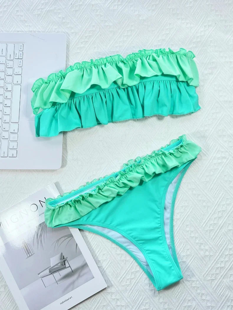 2026 Sexy Bikini Bandeau Women Swimwear Swimsuit Push Up Patchwork Ruffle Bikinis Set Bathing Suit Beach Bikini Female Banadores