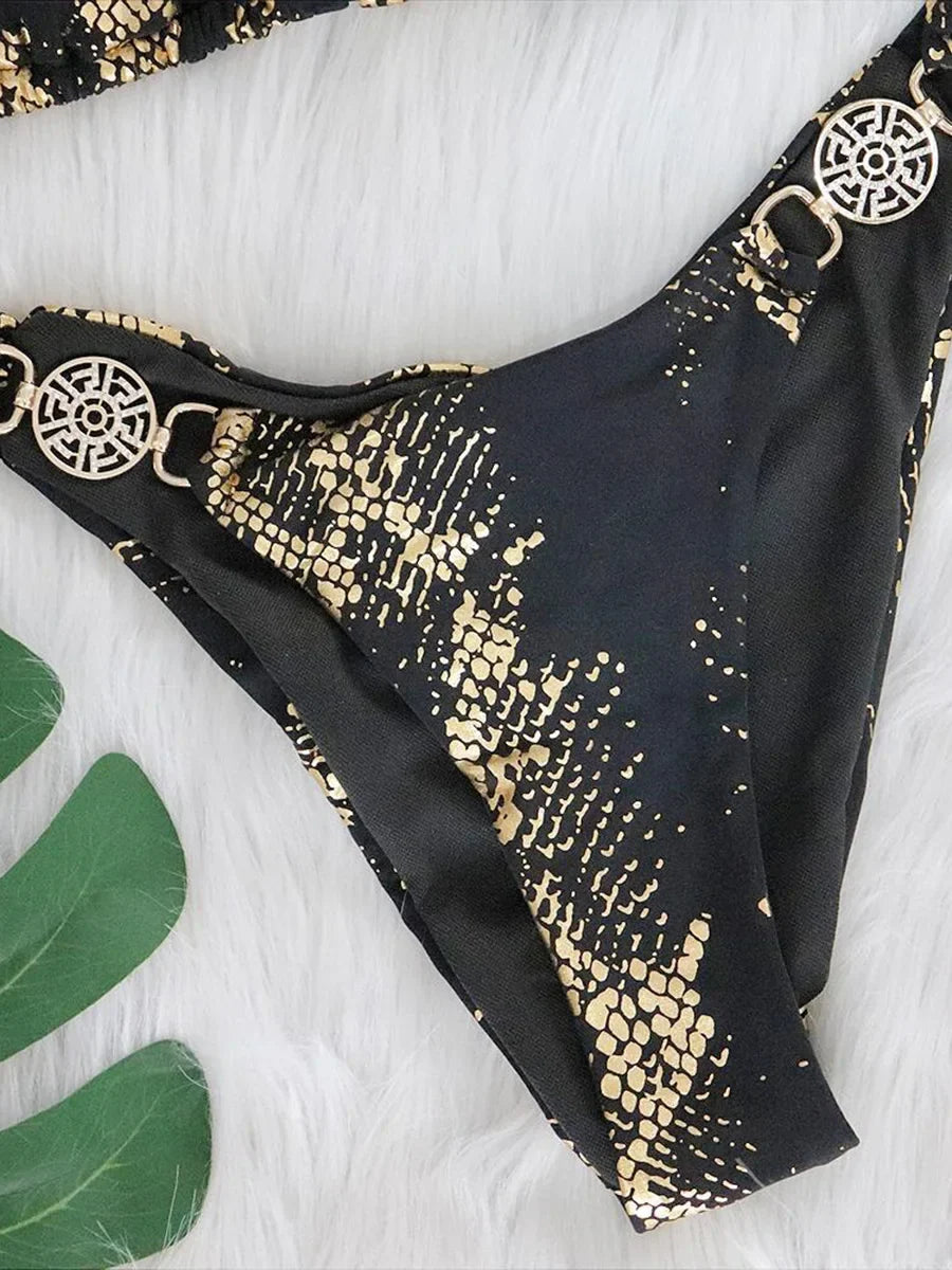 Snake Print Halter Diamond Bikini 2025 Women Swimwear Female Swimsuit Two-piece Bikini Set High Cut Bathing Suit Swim Beach Wear