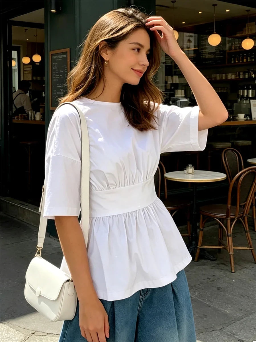 2026 Summer Women's Peplum Tops Casual Elegant Stylish Bow Backless Loose Shirts Crew Neck Elbow Sleeve Blouse