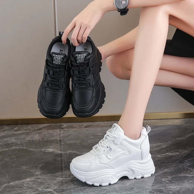 White Platform Women's Sneakers 2025 Autumn Lace-Up Thick Bottom Sports Shoes Woman Pu Leather Breathable Walking Shoes Female