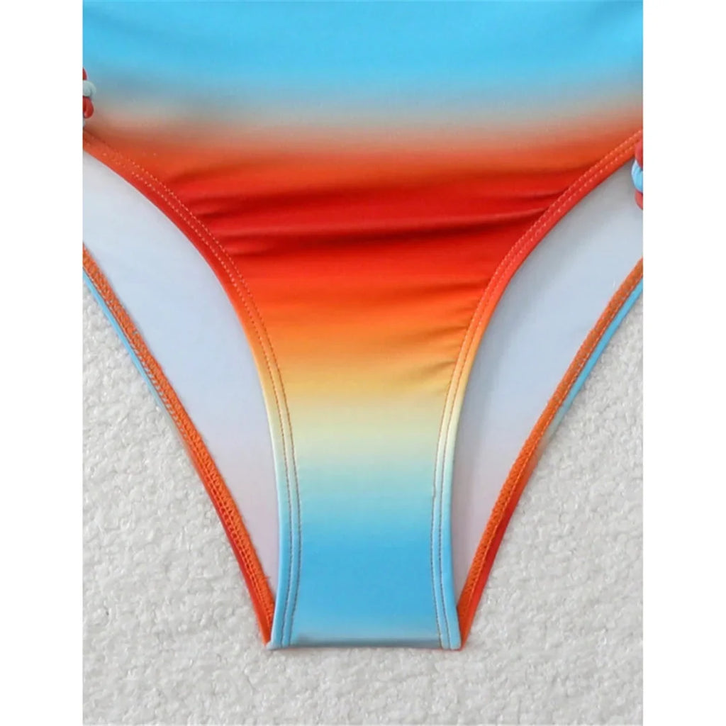S - XL Gradient Knitted Cross Back Women Swimwear High Leg Cut Monokini Bather Bathing Suit Swim One Piece Swimsuit Female K8129